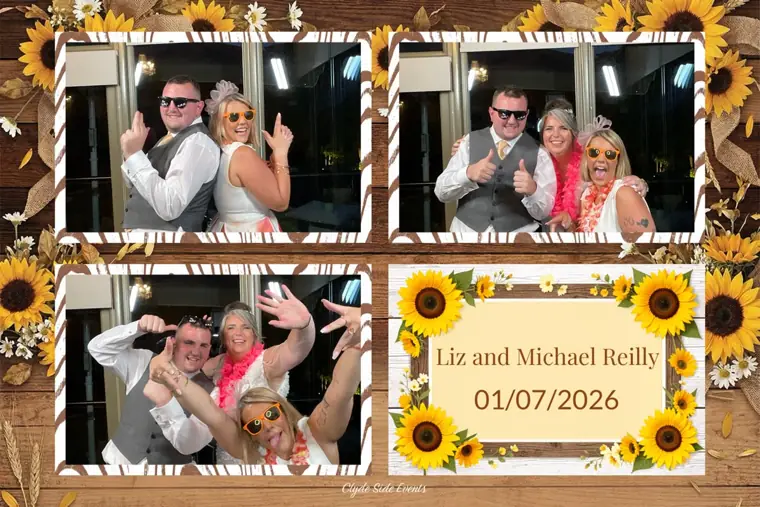 Sunflower and rustic wood themed wedding photo booth print of Liz and Michael Reilly and guests with sunglasses and leis, dated 01/07/2026