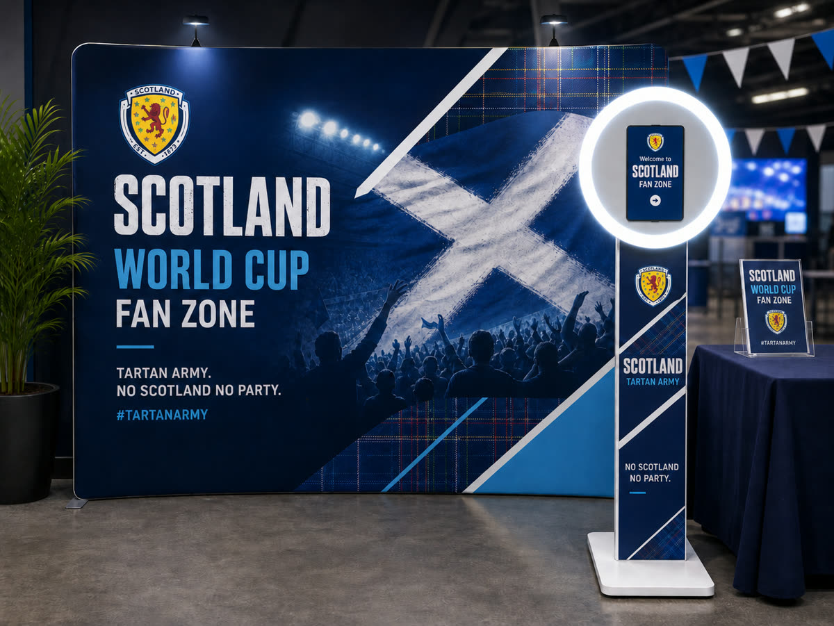 Branded Scotland World Cup Fan Zone Halo selfie booth activation with tartan-and-saltire backdrop and Tartan Army signage