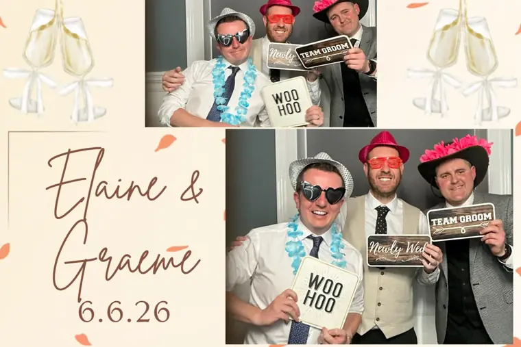 Cream champagne-glass bordered wedding photo booth print of three groomsmen with Team Groom and Woo Hoo props for Elaine & Graeme, 6.6.26