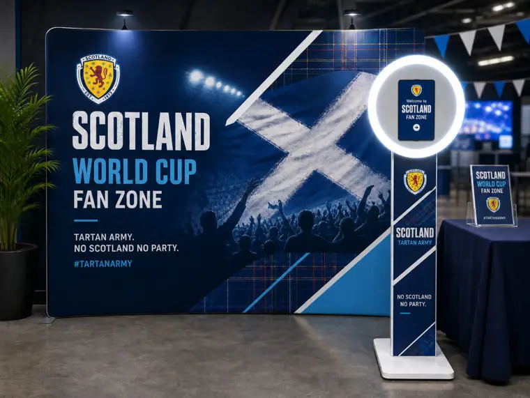 Branded Scotland World Cup Fan Zone Halo selfie booth activation with tartan-and-saltire backdrop and Tartan Army signage