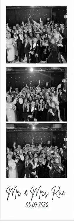 Three-frame black-and-white photo booth print strip of a wedding party crowd, signed Mr & Mrs Rae 03.07.2026