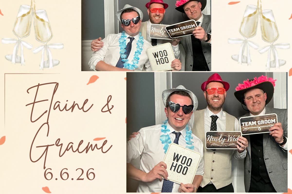 Cream champagne-glass bordered wedding photo booth print of three groomsmen with Team Groom and Woo Hoo props for Elaine & Graeme, 6.6.26
